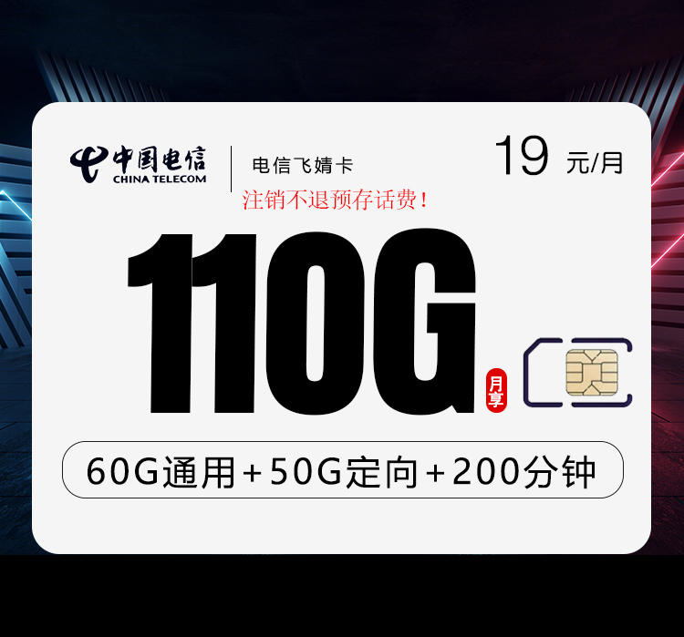电信飞婧卡【19元110G流量+200分钟】